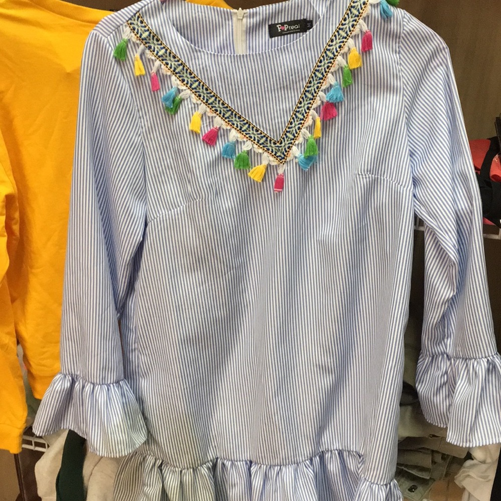 Blue striped tassel dress